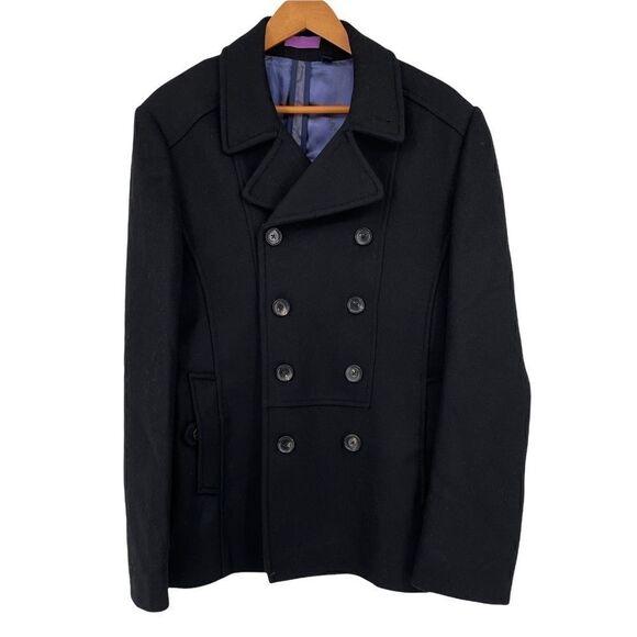 Ted Baker London Black Virgin Wool Blend Double Breasted Coat - Picture 1 of 7